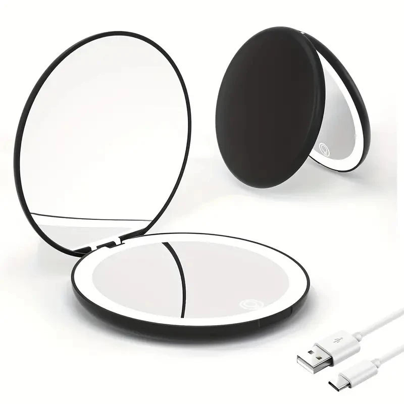 Lighted Travel Makeup Mirror – 2X/5X Magnification, Double-Sided Folding