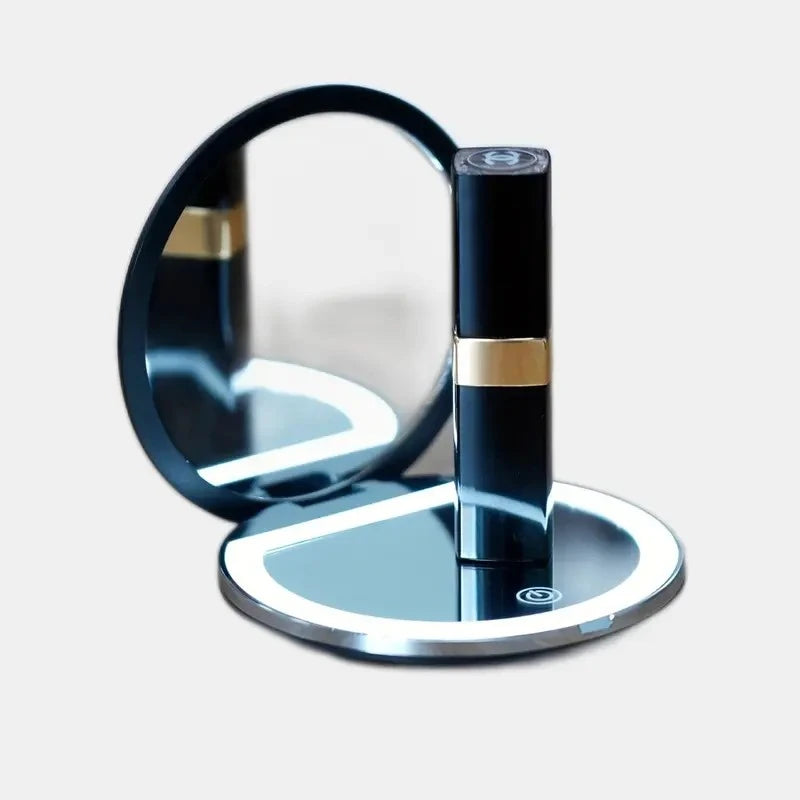 Lighted Travel Makeup Mirror – 2X/5X Magnification, Double-Sided Folding